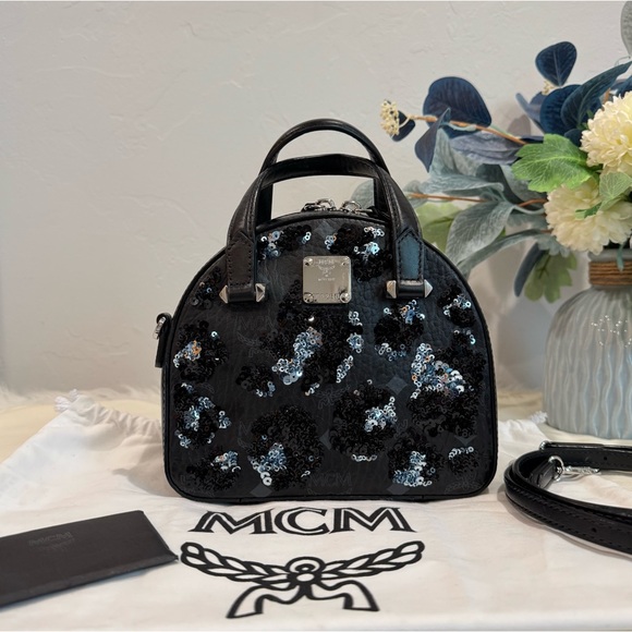 MCM Handbags - MCM Mini Essential Visetos Sequin Half Moon Top Handle Satchel / Crossbody Bag